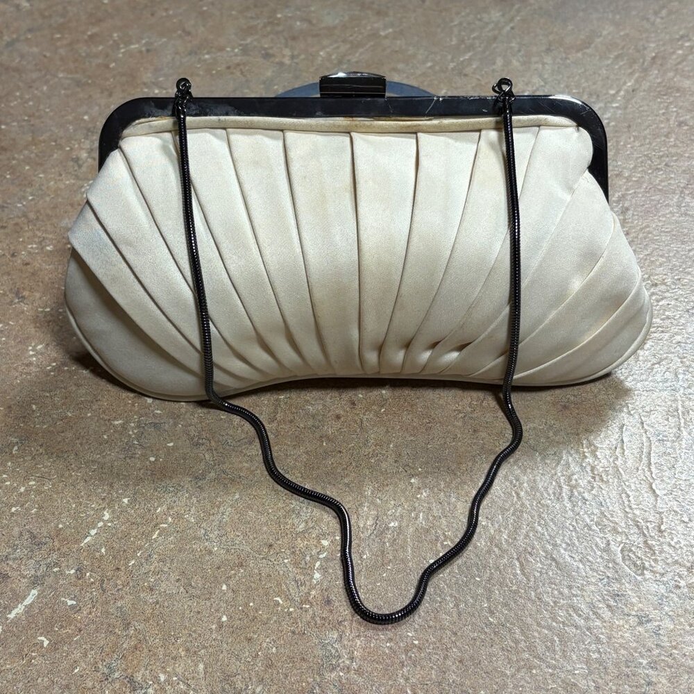Vintage Kate Landry Pleated Satin Clutch Silver Chain Strap & Rhinestone Clasp